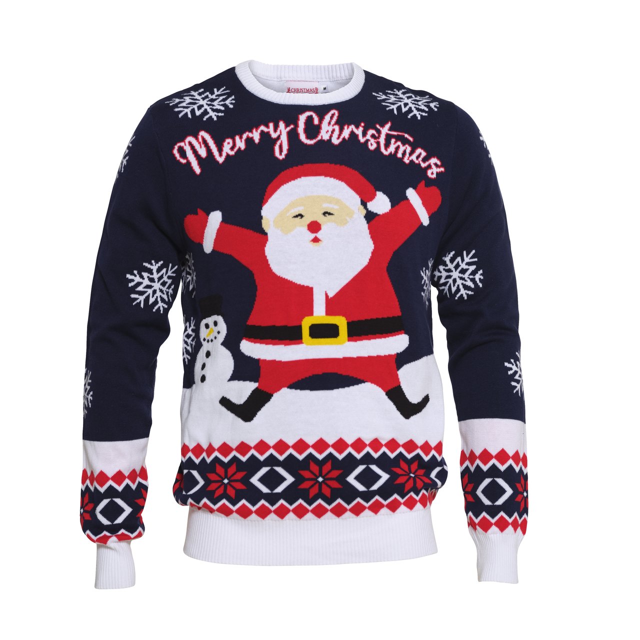 Un pull bleu, rouge et blanc avec le Père Noël dessus.
